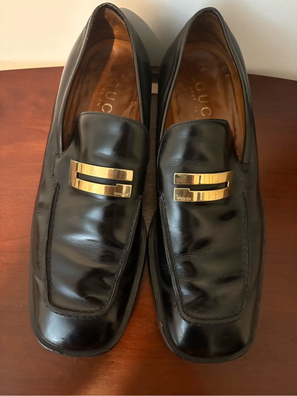 Gucci Black Leather Slip-On Loafers with Gold Plaque